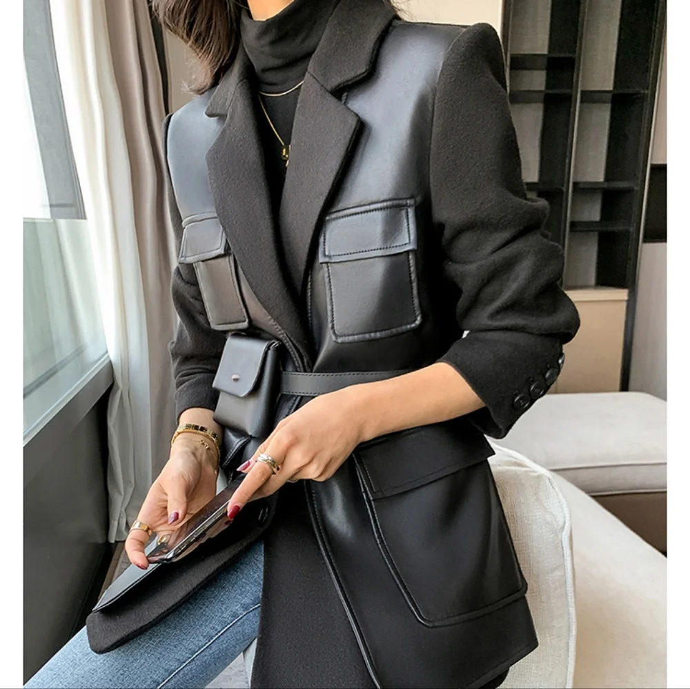 Autumn Black Patchwork Leather Jacket Women with Many Pockets Long Sleeve - Picture 3 of 10